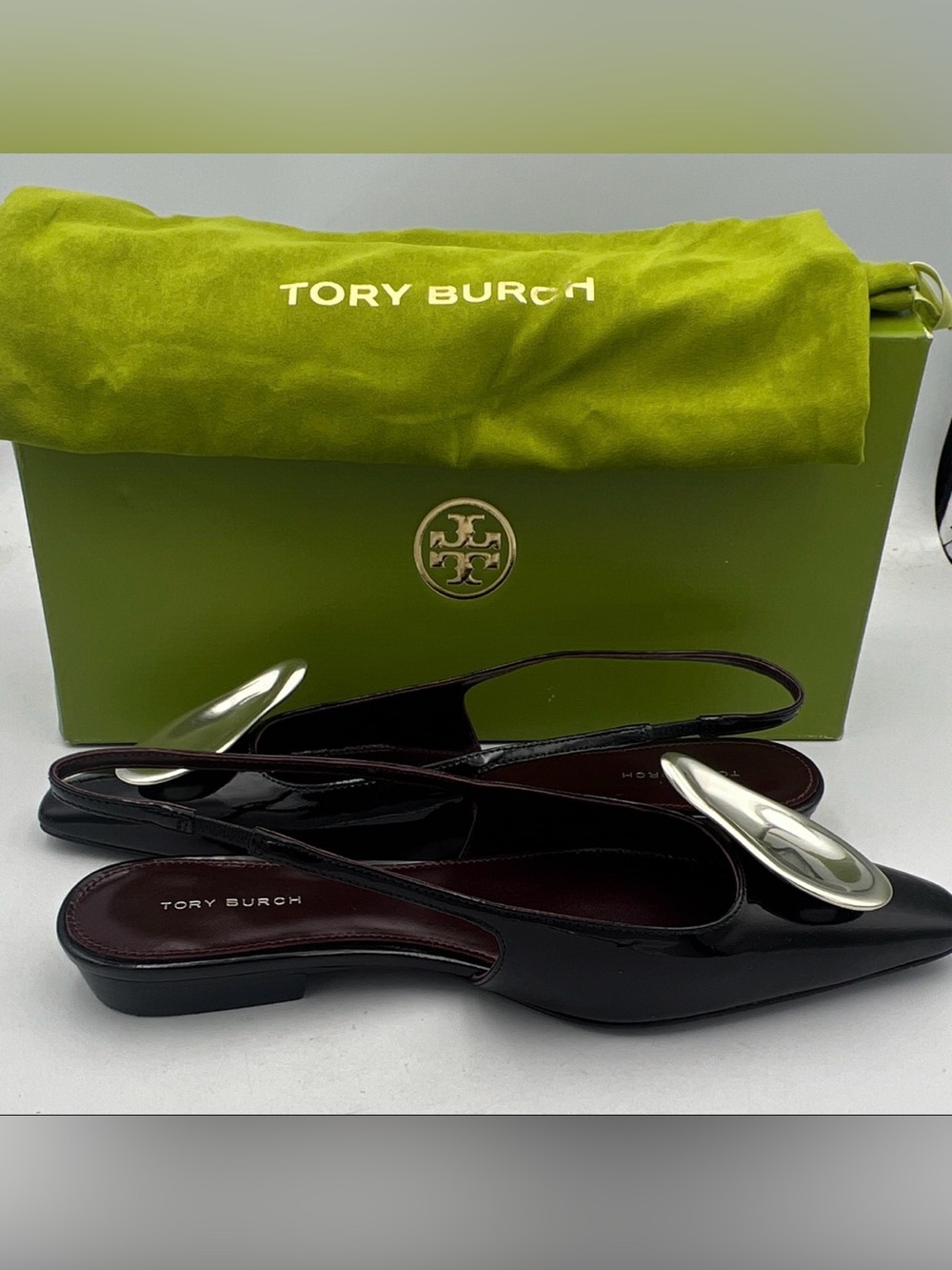 TORY BURCH Patos Leather Slingback Flats Pointed Toe Logo Women’s 7M NEW w/Box - Picture 7 of 16